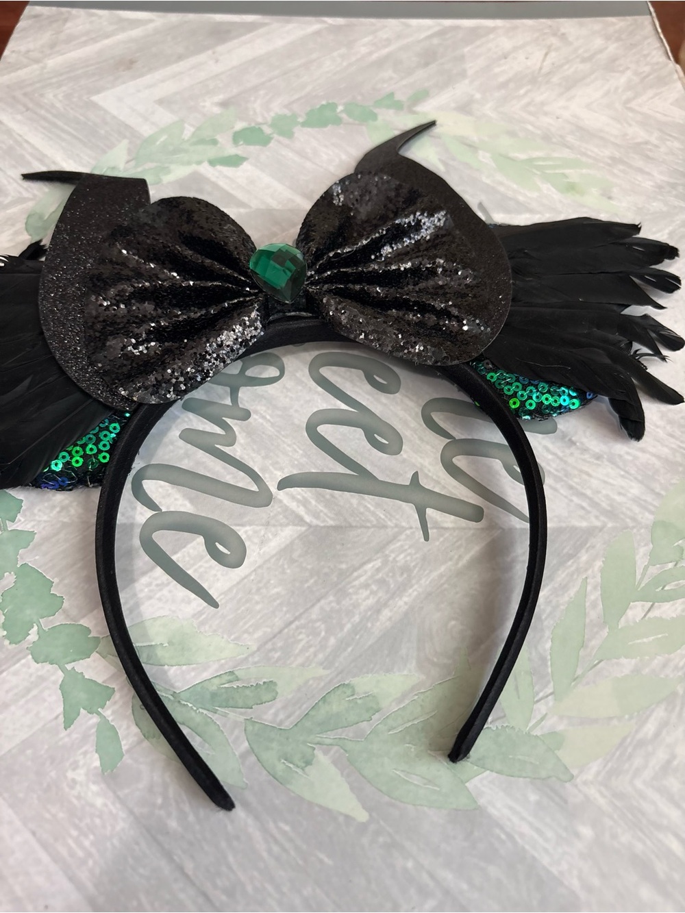 Maleficent Inspired Mouse Ears Headband Black Horns Green Sequins Feathers
